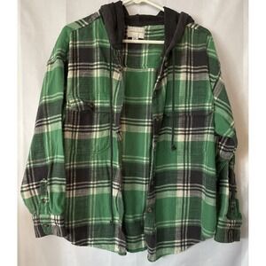 American Eagle Womens/Men's Hooded Flannel Shirt Green Blue Plaid  LG Button Up